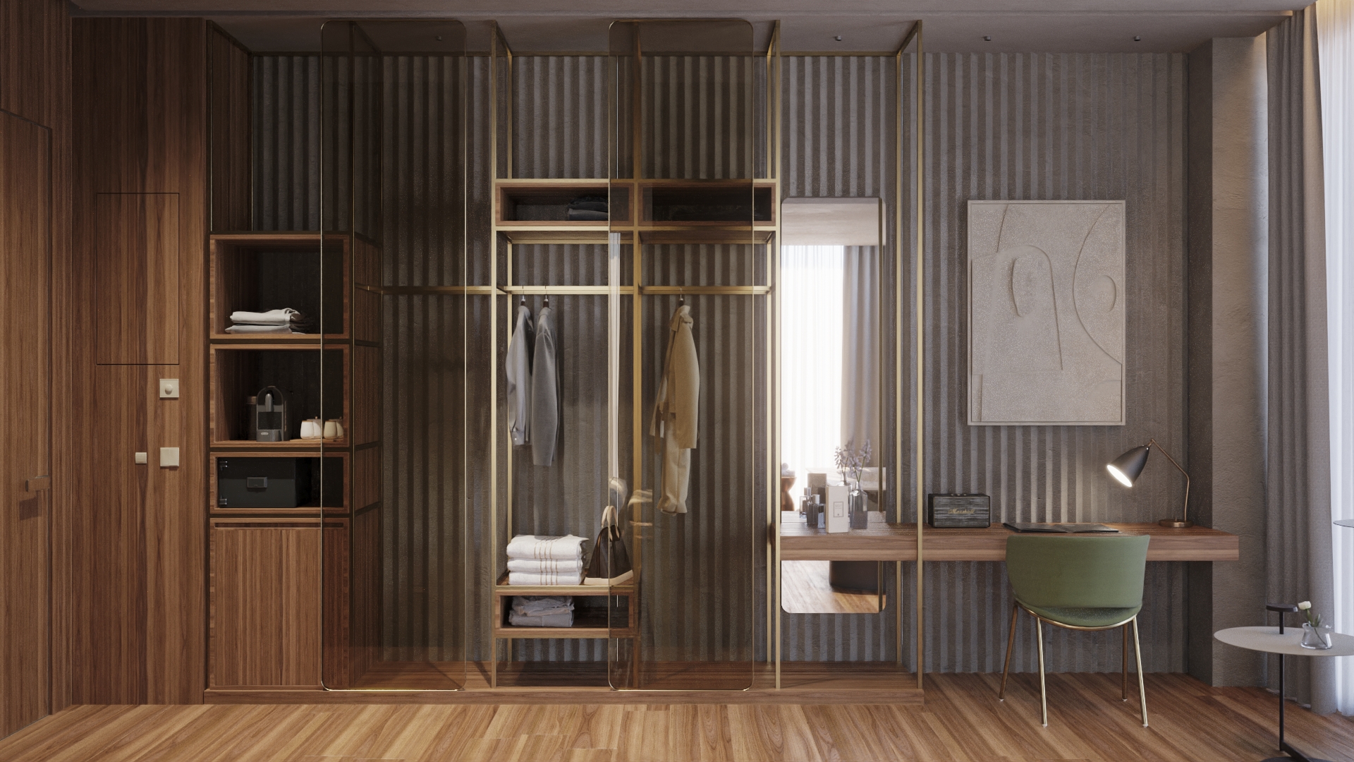 Vestidor abierto con ropa y toallas junto a escritorio en habitación de hotel