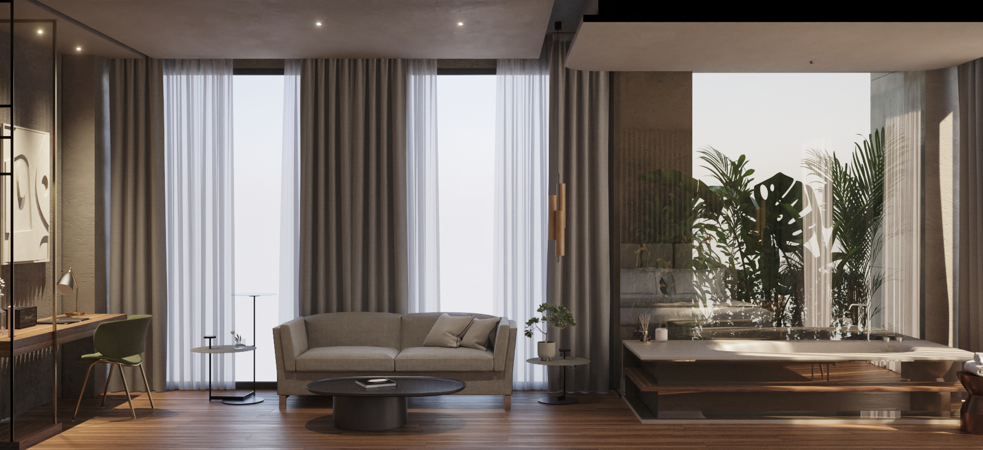 Suite de hotel moderna con sala de estar y zona de baño tipo spa junto a ventanales