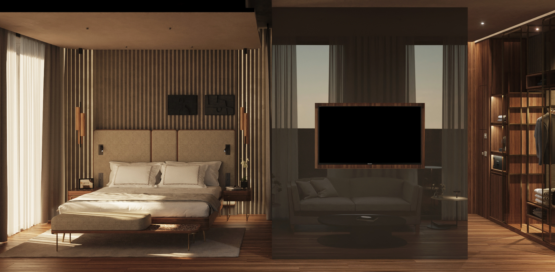 Habitación de hotel de lujo con cama king y sala de estar al fondo.