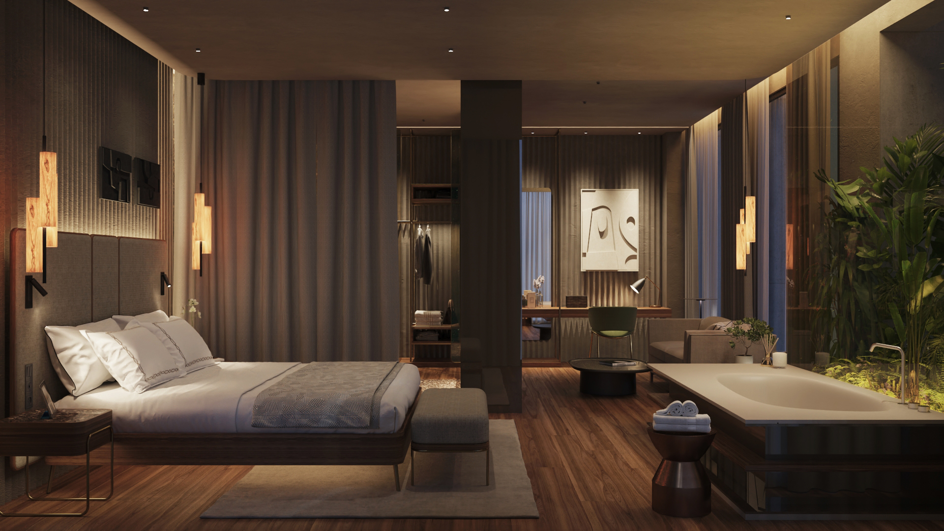 Suite de hotel contemporánea con cama grande y baño junto a jardín interior