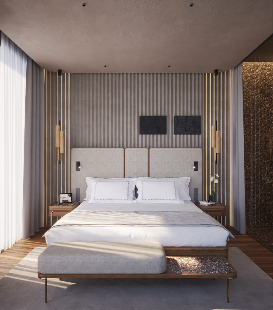 Habitación en Hotel Palacio Vallier: cama king, cabecera tapizada y banco al pie