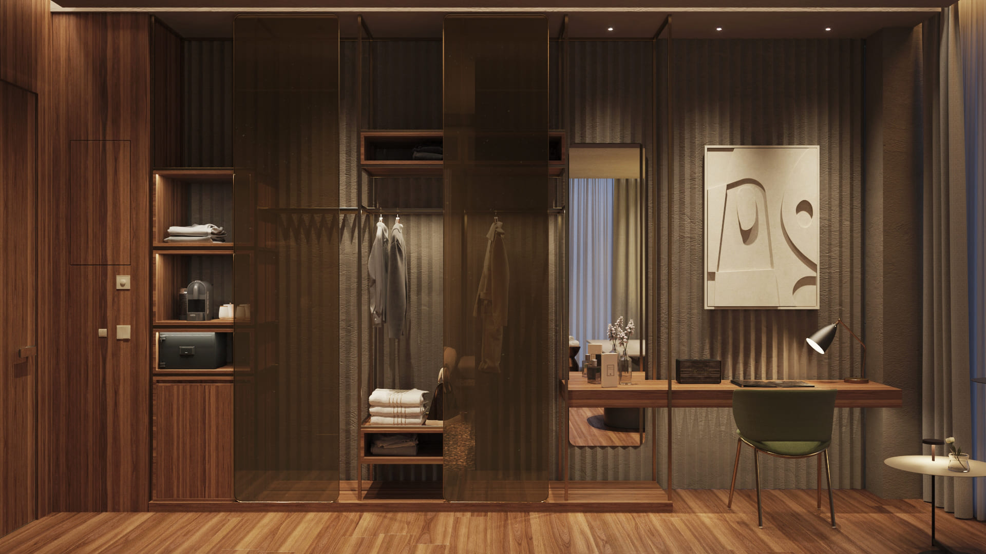 Vestidor y área de trabajo en The Bank Hotel