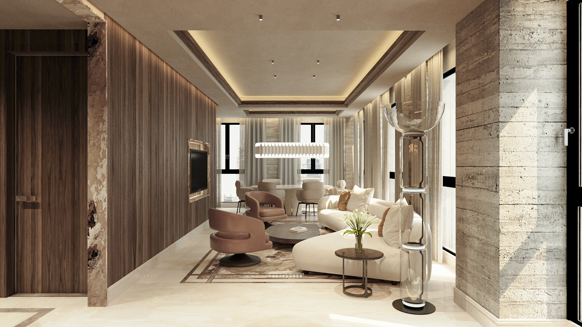 Sala de estar de hotel contemporánea con sofá beige y sillones marrón