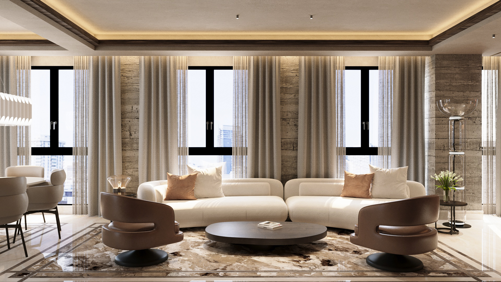 Vestíbulo de hotel moderno con sofás blancos, sillones curvos y cortinas largas