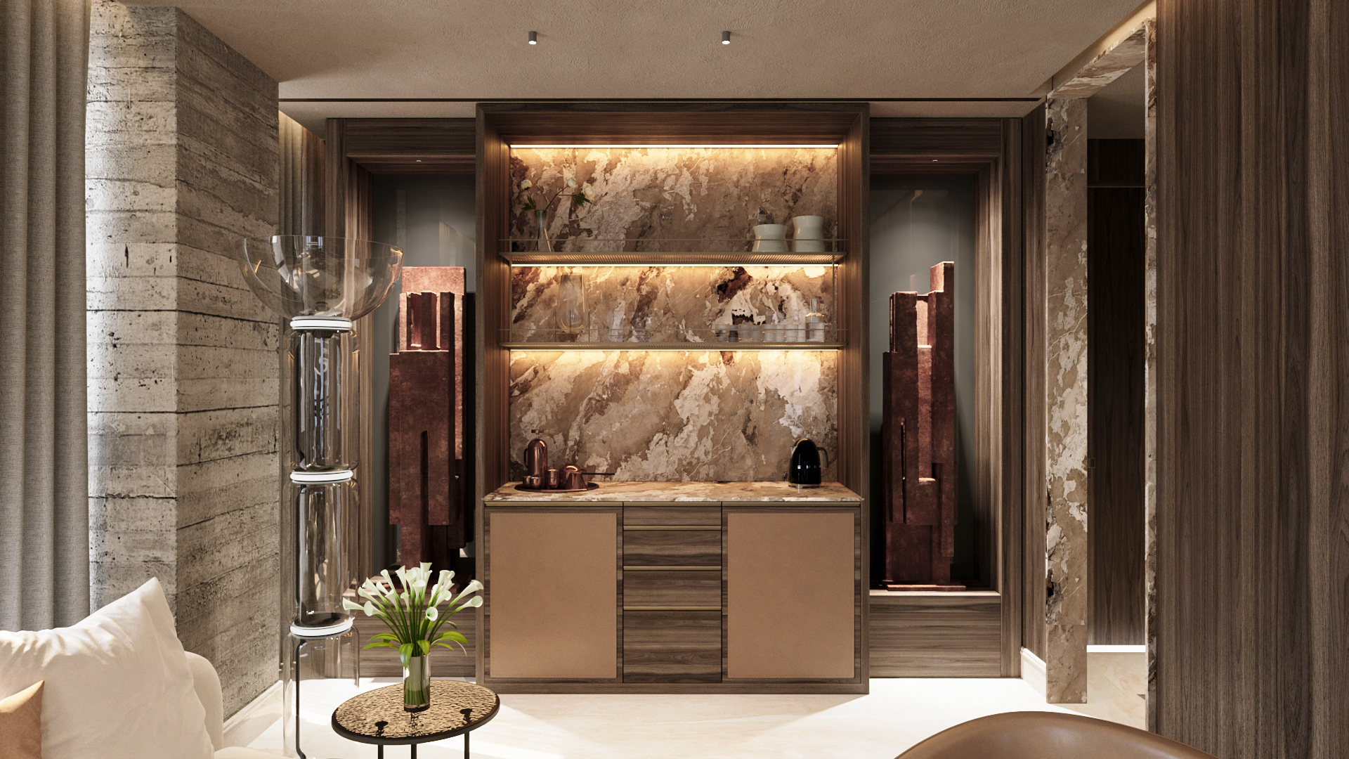 Zona de cocina en suite con encimera de mármol y estantes iluminados.