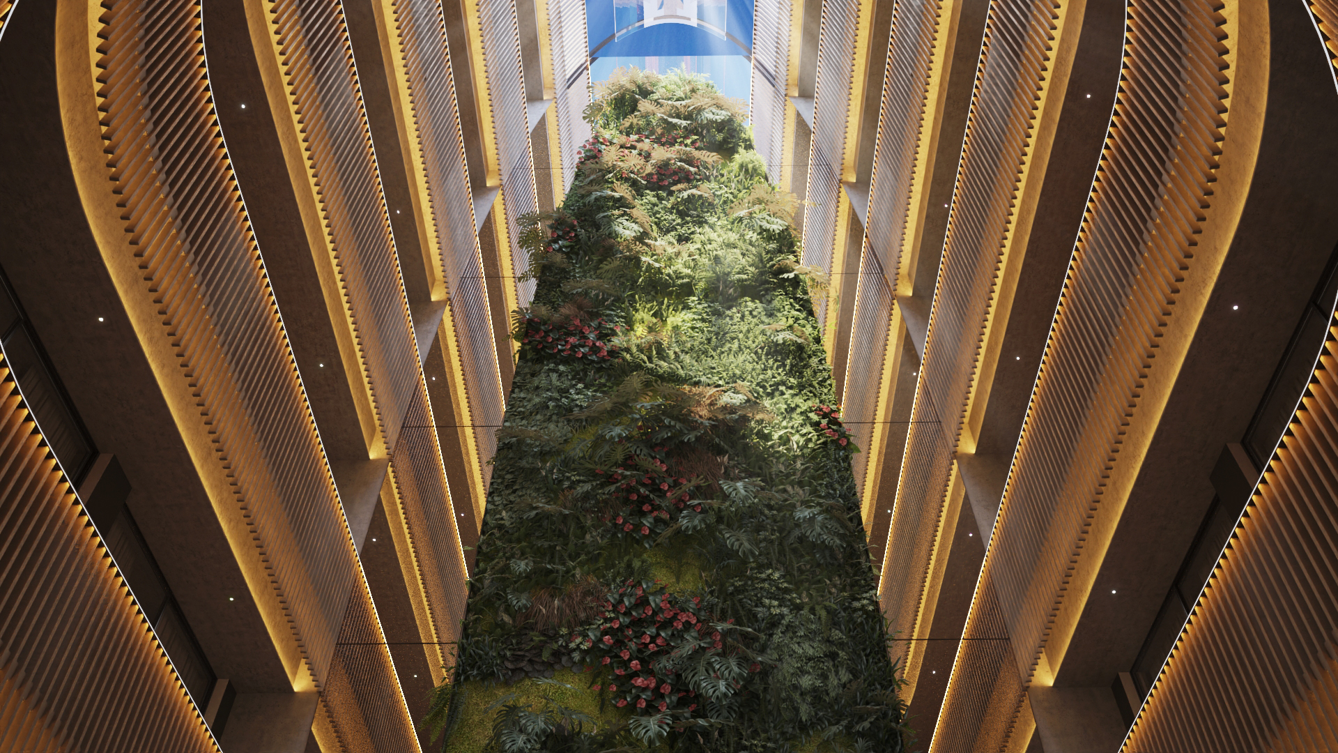Atrio interior de hotel con jardín vertical y plantas tropicales.
