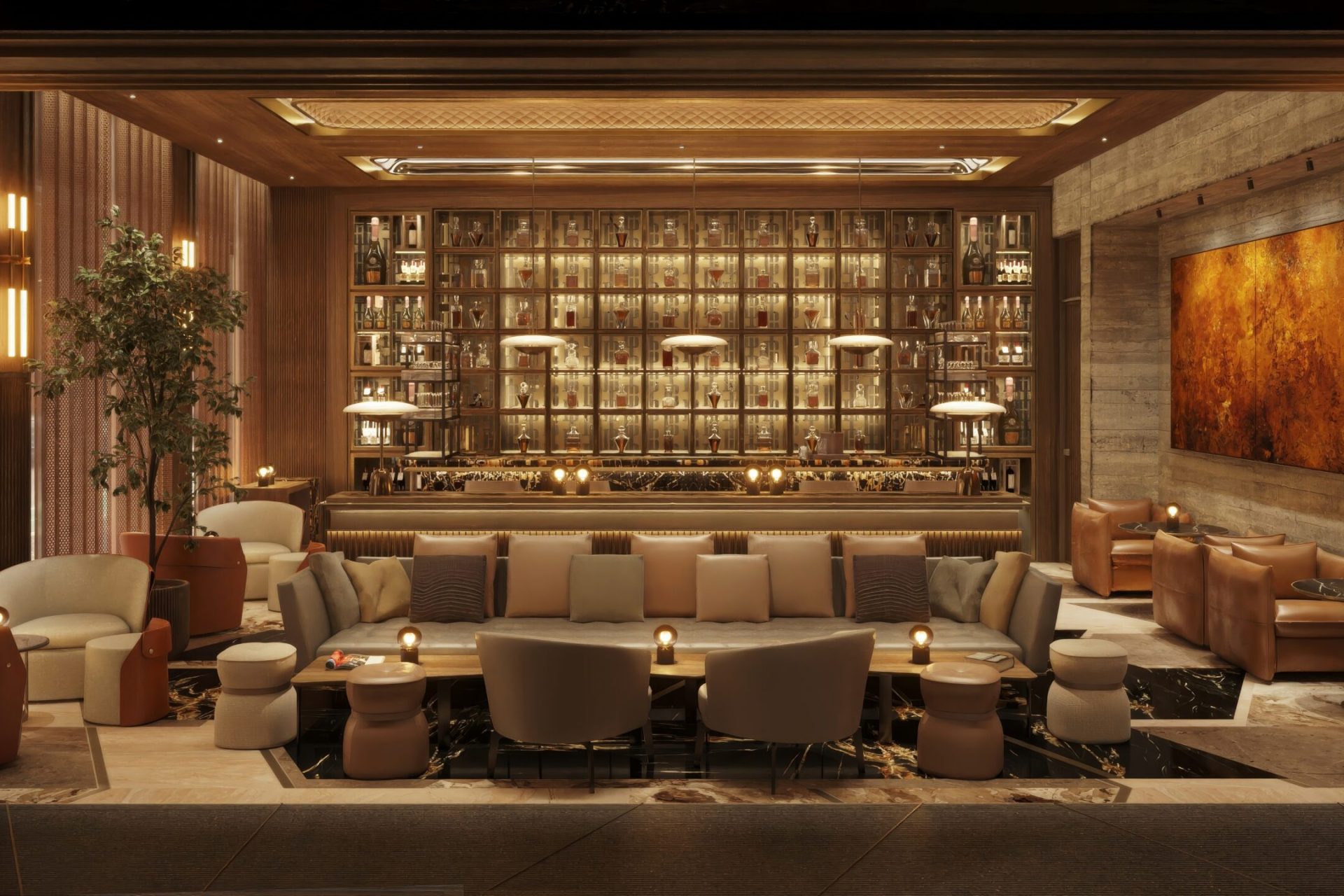 Bar-lounge de hotel con estantería de botellas iluminada y sofás elegantes