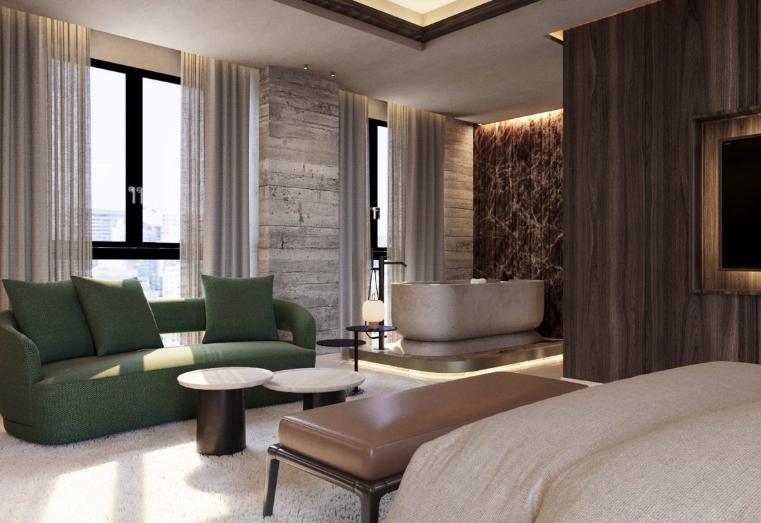 Suite de hotel de lujo con sofá verde, mesas de mármol y bañera independiente