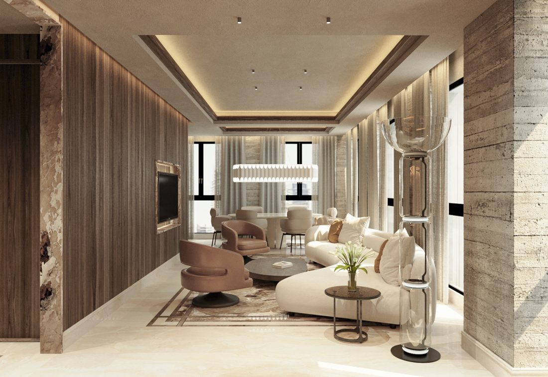 Sala de estar de hotel contemporánea con sofá beige y sillones marrón