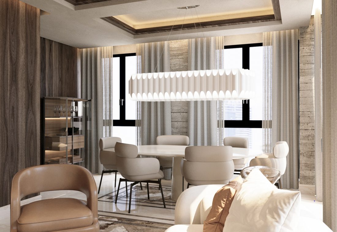 Comedor circular con mesa blanca y sillas beige, lámpara colgante y grandes ventanales