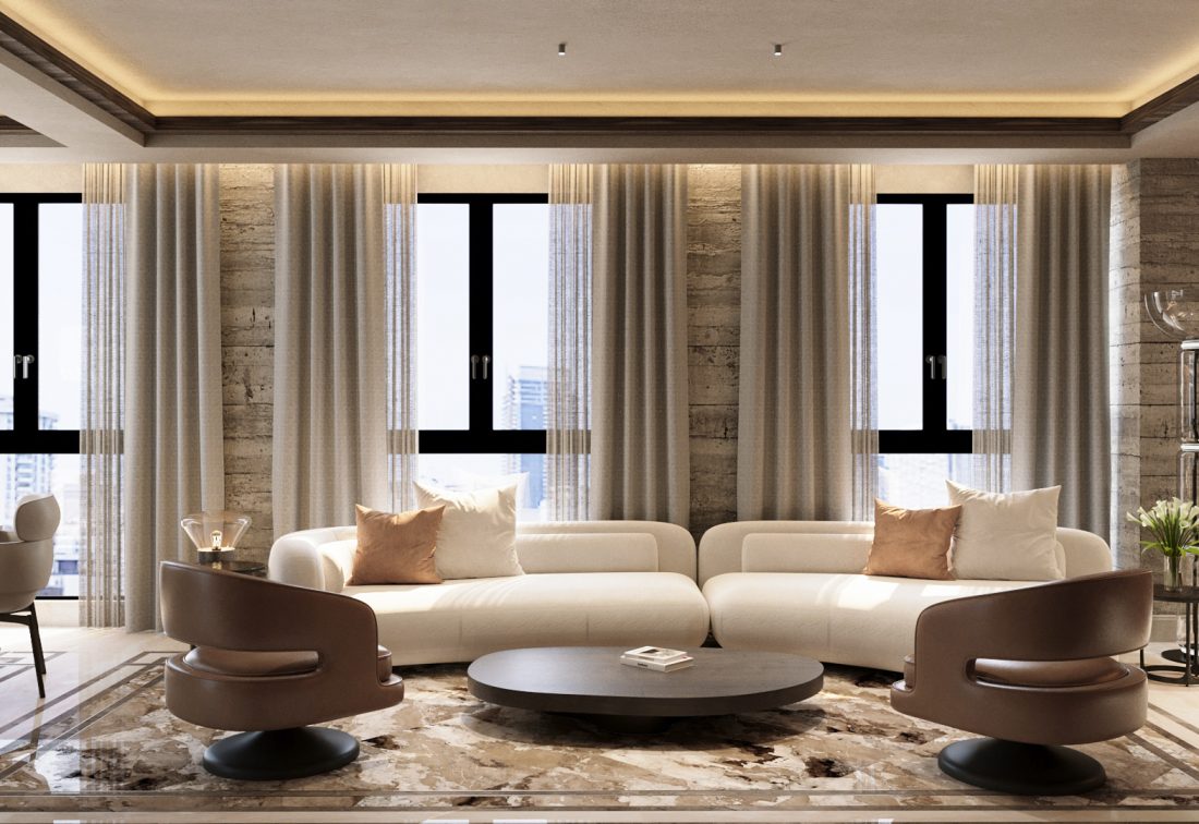 Vestíbulo de hotel moderno con sofás blancos, sillones curvos y cortinas largas