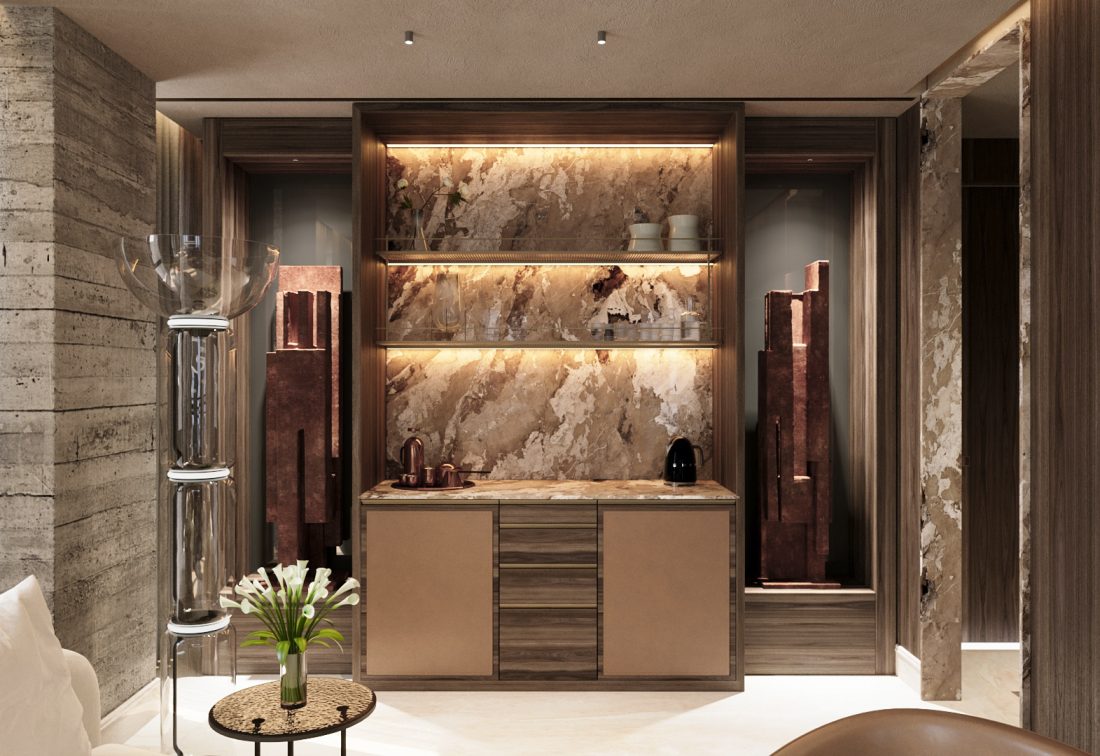 Zona de cocina en suite con encimera de mármol y estantes iluminados.