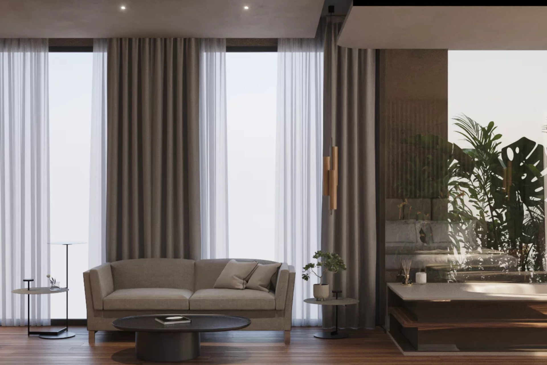 Soggiorno di hotel con divano beige, tavolino e piante