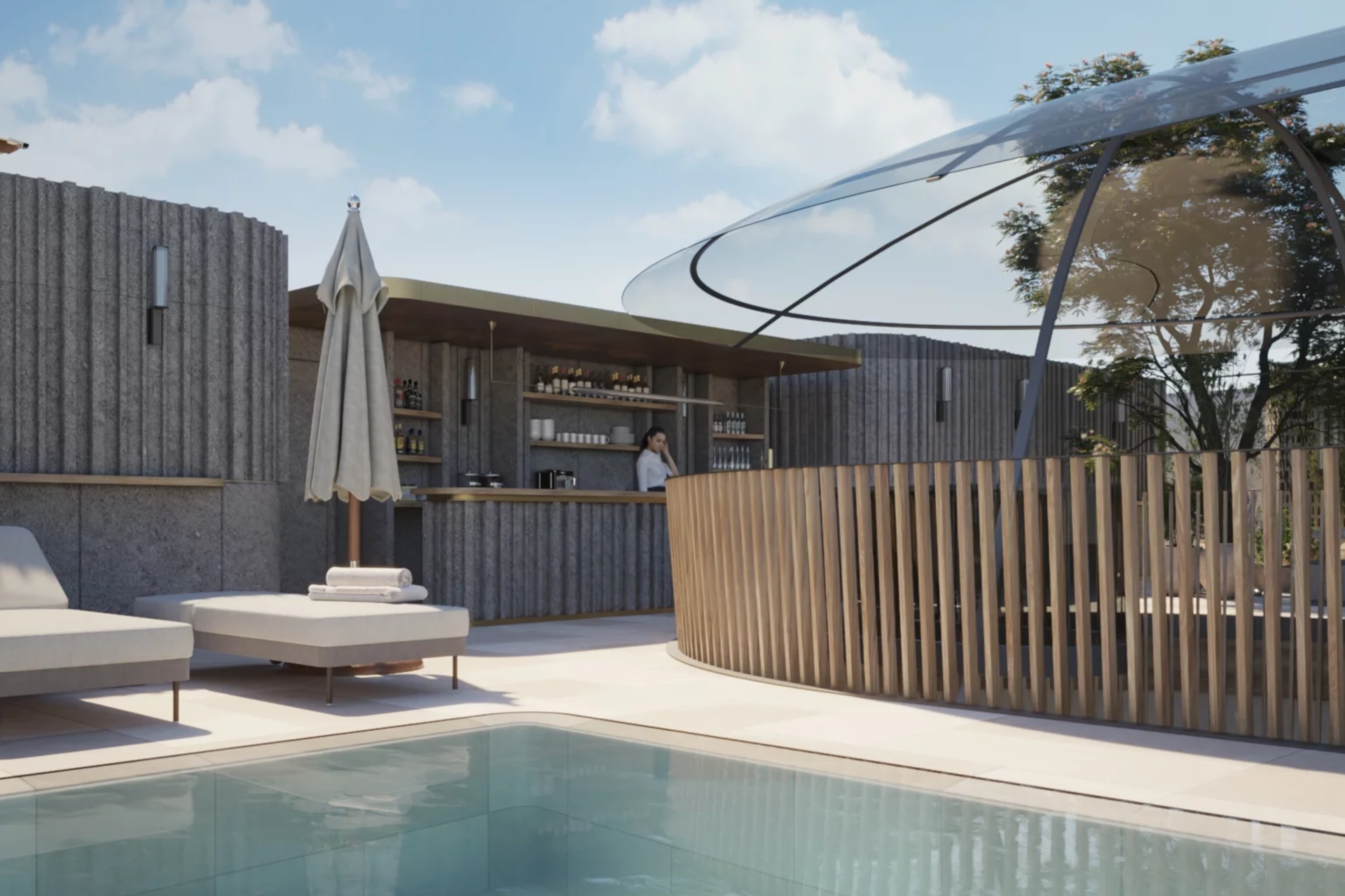 Piscina sul rooftop di hotel con bar all'aperto e area lounge